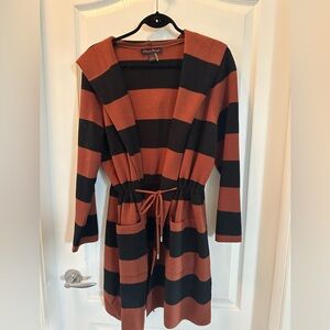 Cardigan with adjustable waist string and hood